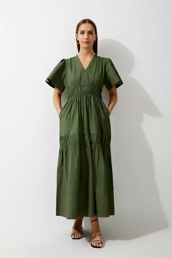 Cotton Woven Shirred Tiered Short Sleeve Maxi Dress