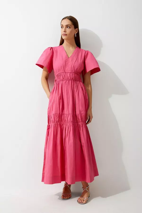 Cotton Woven Shirred Tiered Short Sleeve Maxi Dress