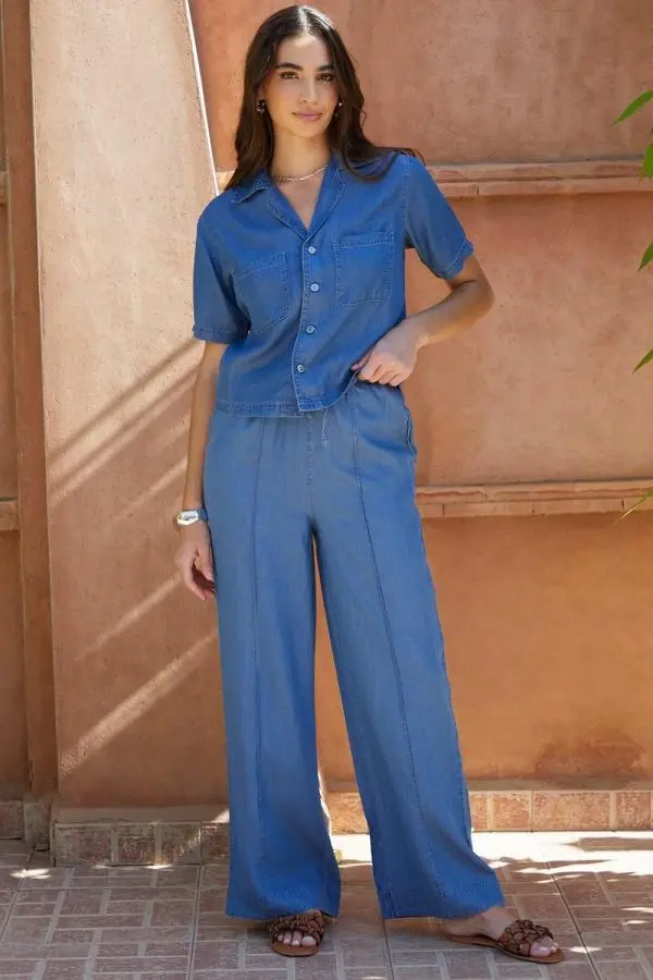 'Pool' Elasticated Waist Wide Leg Chambray Trousers