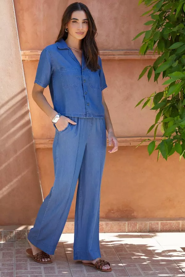 Curve 'Pool' Elasticated Waist Wide Leg Chambray Trousers