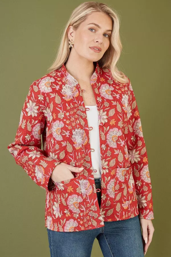 Red Floral Print Reversible Cotton Quilted Jacket