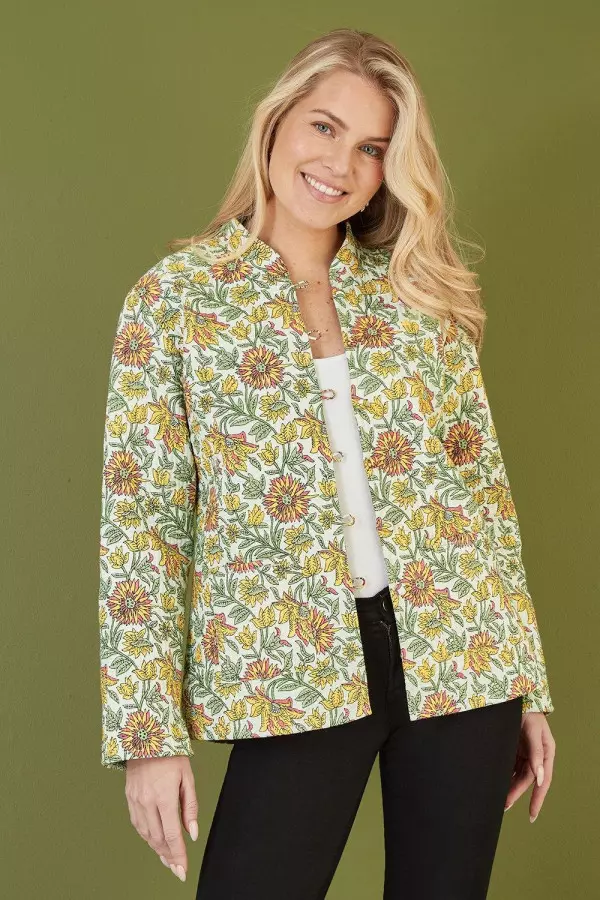 Yellow Floral Print Reversible Cotton Quilted Jacket