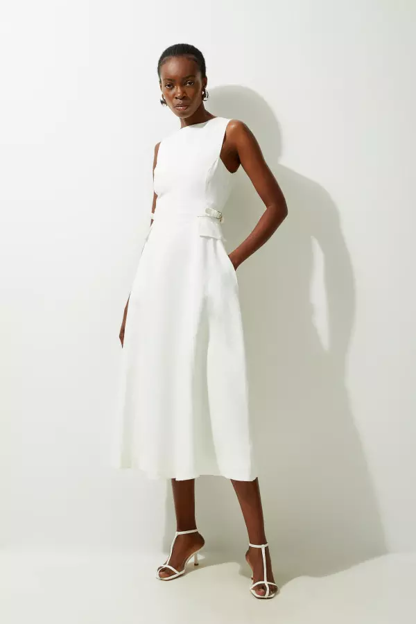 Premium Linen Tab Waist Detail Full Skirt Tailored Midi Dress