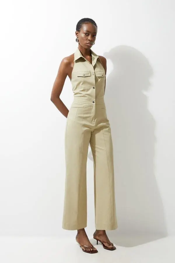 Tailored Techno Denim Halterneck Wide Leg Jumpsuit