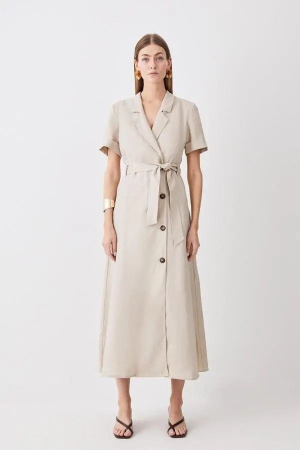 Petite Tailored Linen Belted Midi Dress