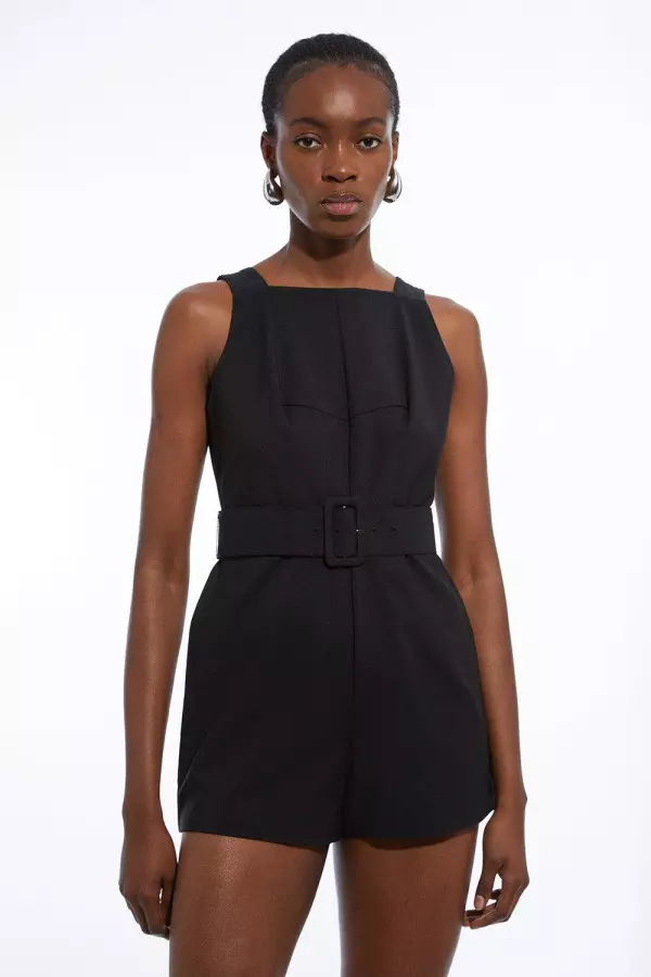 Cotton Sateen Utility Woven Belted Strappy Playsuit