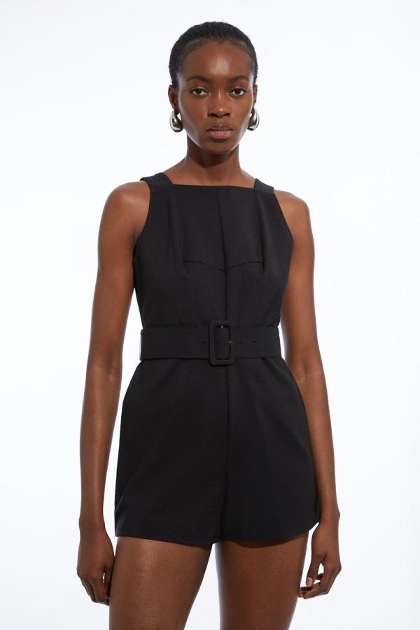 Cotton Sateen Utility Woven Belted Strappy Playsuit