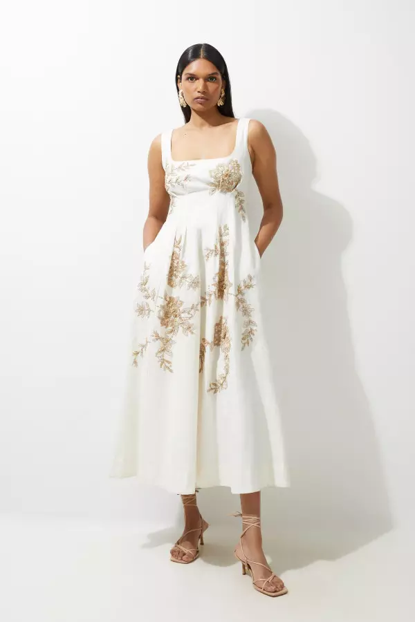 Raffia Embroidered Linen Woven Prom Dress