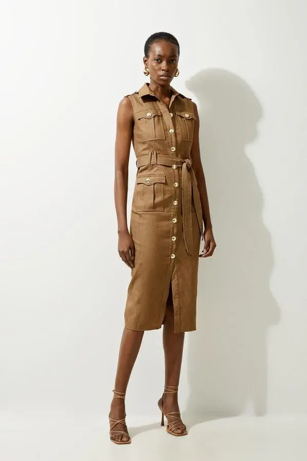 Tailored Denim Cargo Pocket Belted Midi Shirt Dress