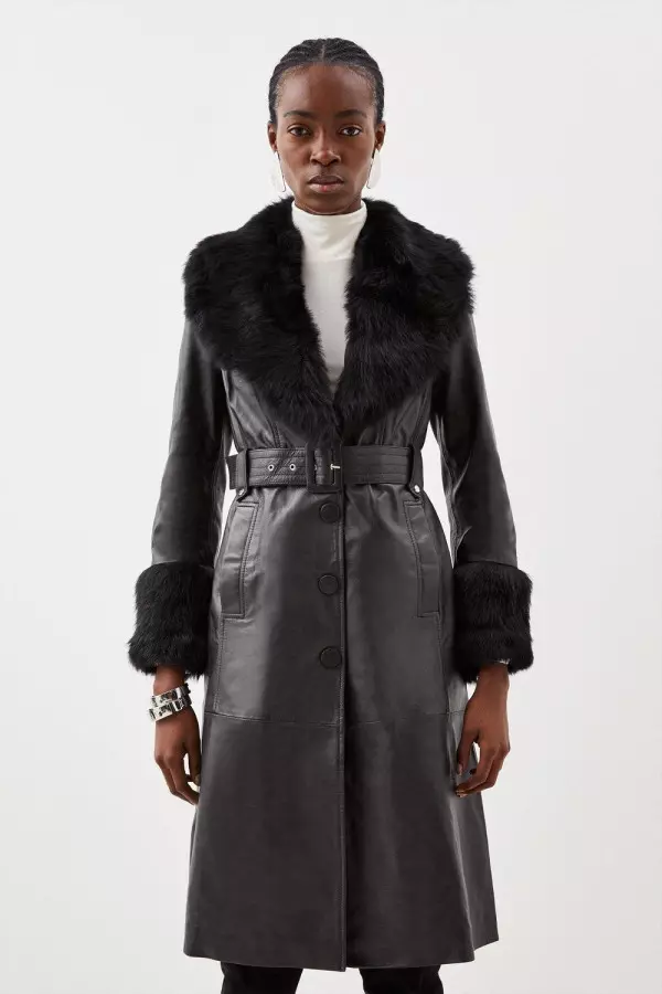 Shearling Cuff And Collar Leather Coat