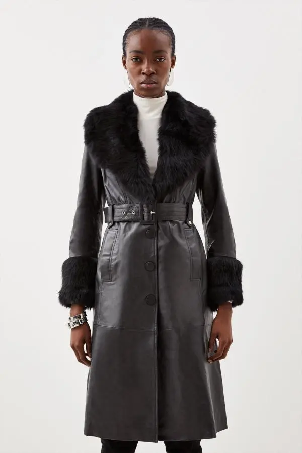 Shearling Cuff And Collar Leather Coat