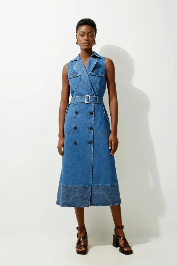 Denim Cargo Pocket Belted Sleeveless Shirt Wrap Dress