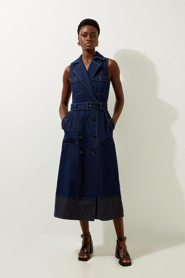 Denim Cargo Pocket Belted Sleeveless Shirt Wrap Dress