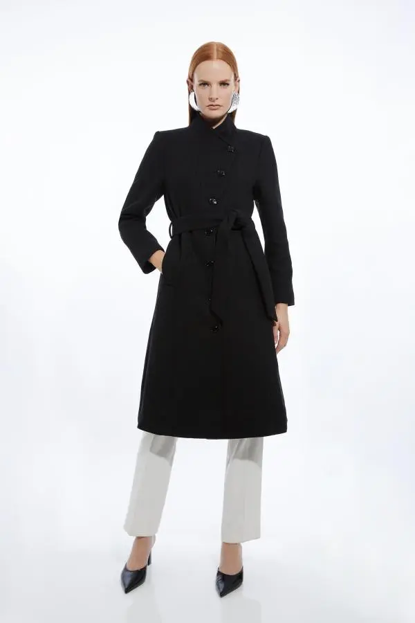 Petite Italian Manteco Wool Blend Asymmetric Button Belted Tailored Midi Coat