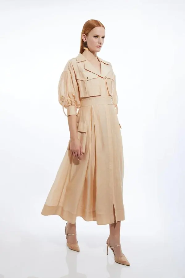 Organdie Slub Utility Pocket Detail Woven Shirt Dress