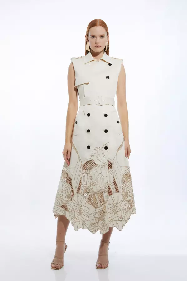 Tailored Cotton Cutwork Embroidered Belted Trench Style Midaxi Dress