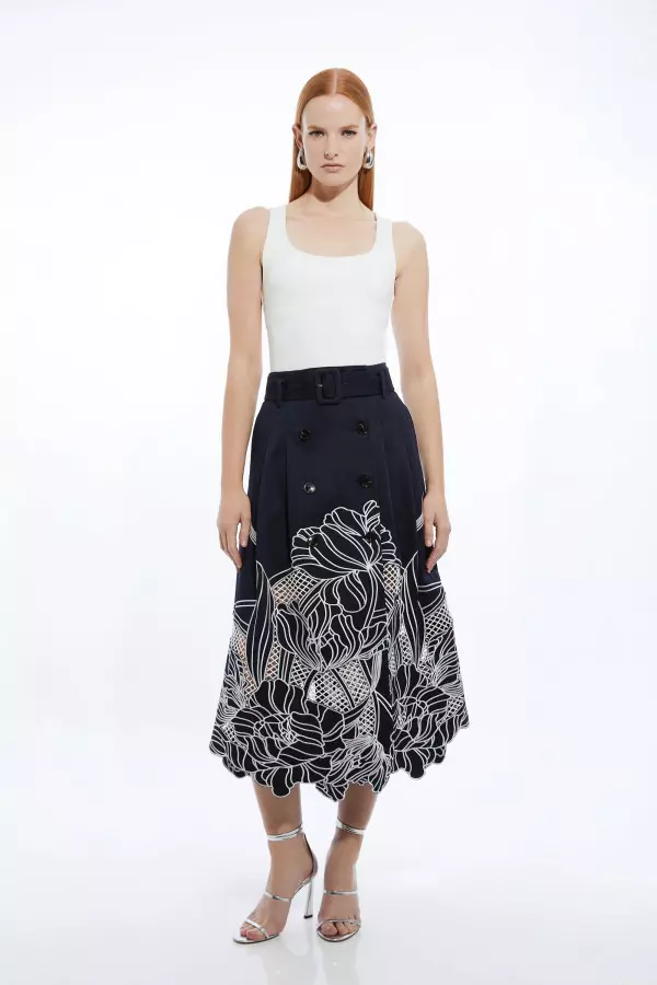 Petite Tailored Cotton Cutwork Embroidered Belted Midi Skirt