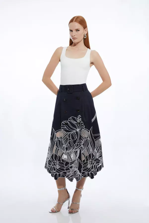 Tailored Cotton Cutwork Embroidered Belted Midi Skirt
