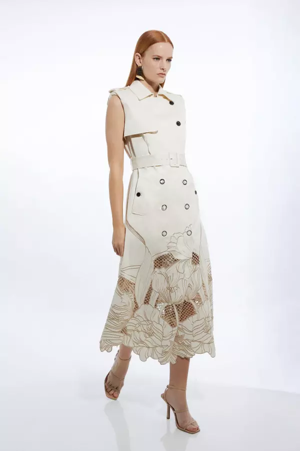 Tall Tailored Cotton Cutwork Embroidered Belted Trench Style Midaxi Dress