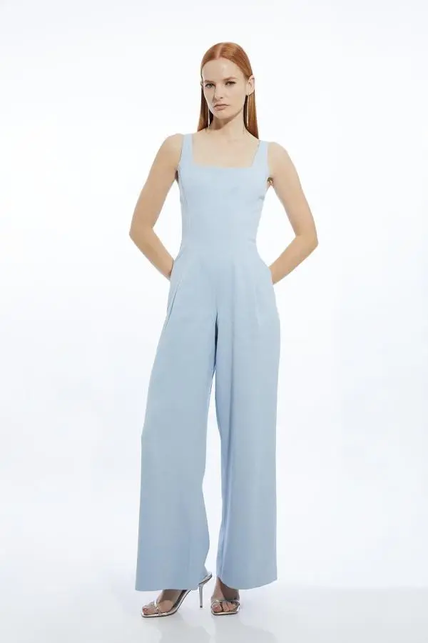 Viscose Tencel Tailored Square Neck Straight Leg Jumpsuit