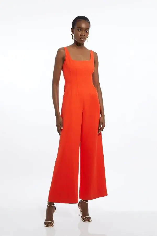 Viscose Tencel Tailored Square Neck Straight Leg Jumpsuit