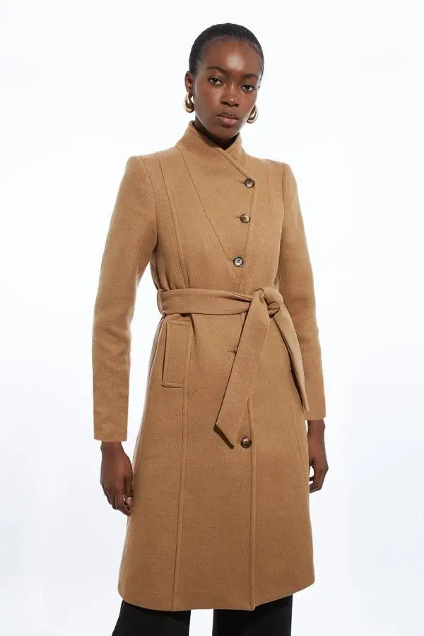 Petite Italian Manteco Wool Blend Asymmetric Button Belted Tailored Midi Coat