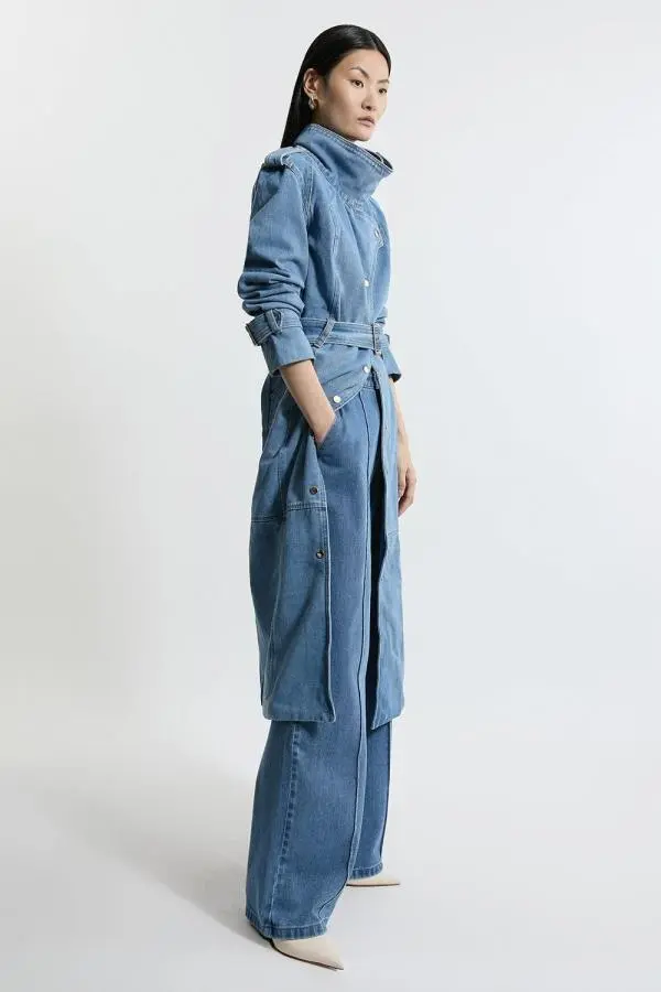 Denim Funnel Neck Belted Maxi Coat