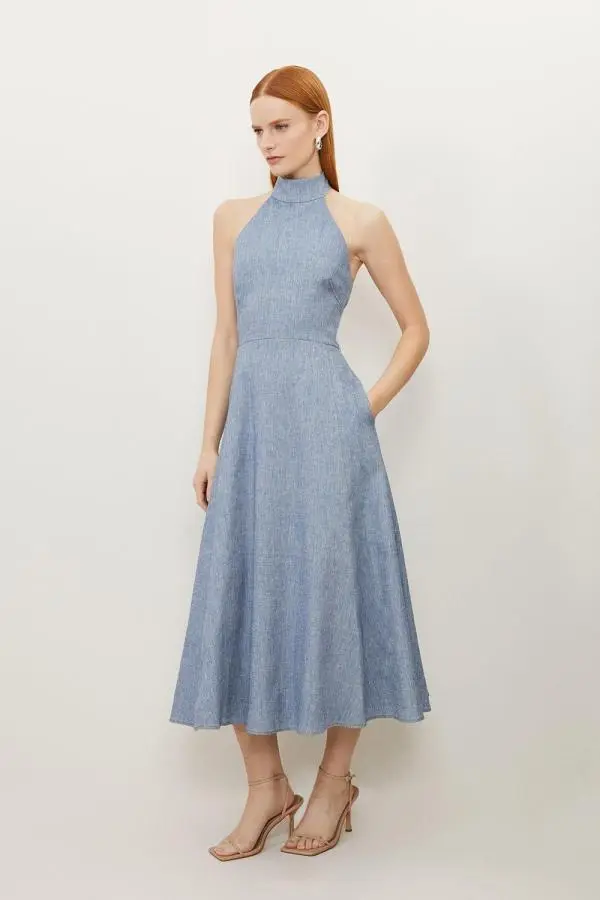 Petite Tailored Denim Linen Strappy Full Skirted Midi Dress