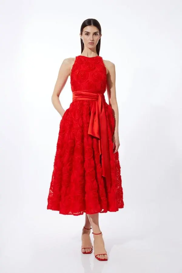 Romantic Rosette Texture Woven Prom Midi Dress