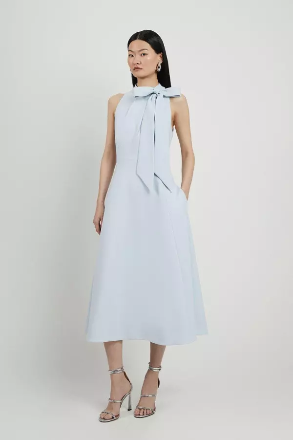 Compact Stretch Tie Neck Full Skirted Midi Dress