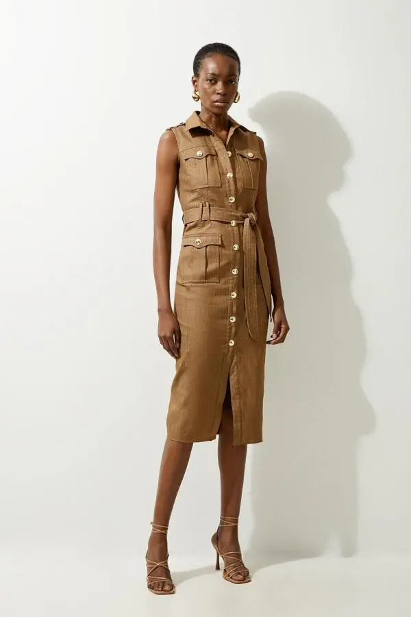 Tall Tailored Denim Cargo Pocket Belted Midi Shirt Dress