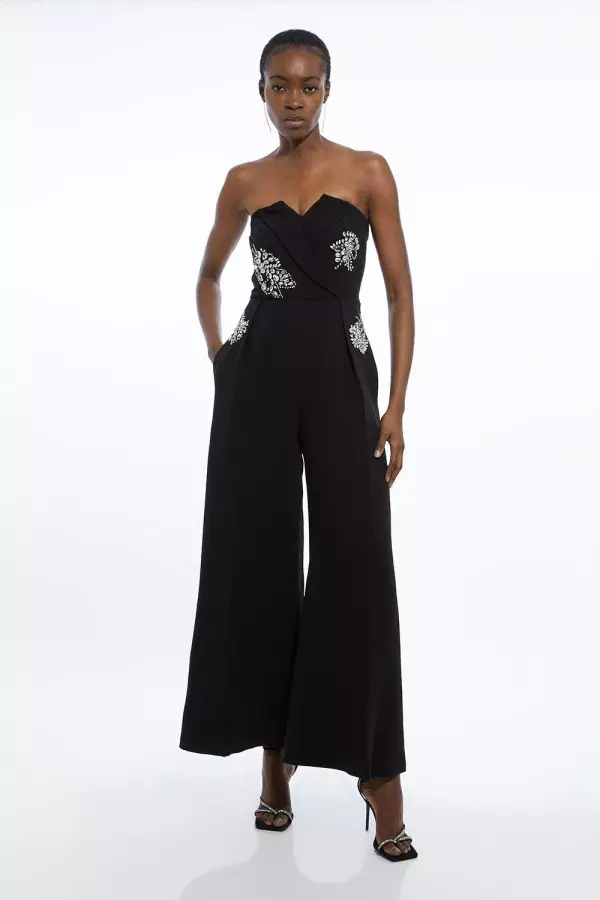 Crystal Embellished Bandeau Wrap Tailored Wide Leg Contrast Jumpsuit