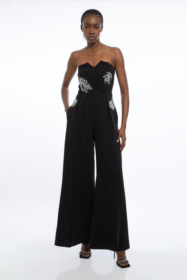 Crystal Embellished Bandeau Wrap Tailored Wide Leg Contrast Jumpsuit