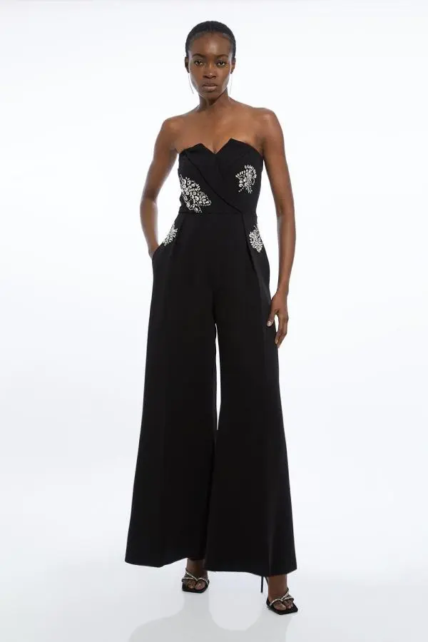 Crystal Embellished Bandeau Wrap Tailored Wide Leg Contrast Jumpsuit