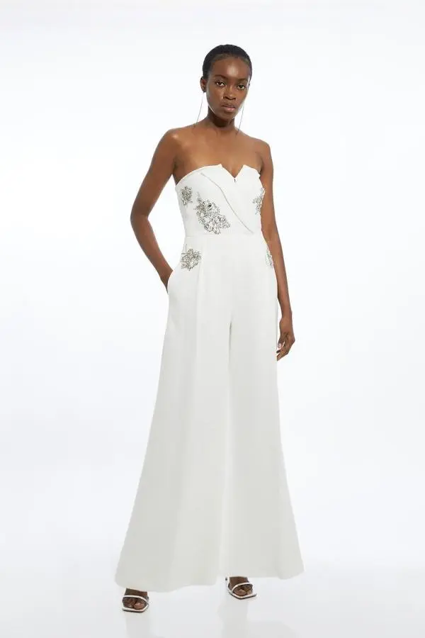 Crystal Embellished Bandeau Wrap Tailored Wide Leg Contrast Jumpsuit