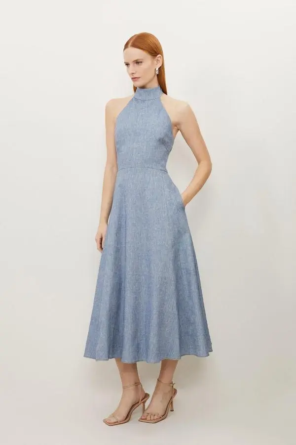 Tall Tailored Denim Linen Strappy Full Skirted Midi Dress