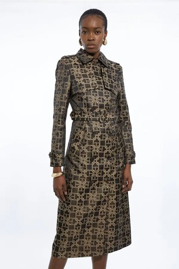 Chain Jacquard Tailored Double Breasted Belted Trench Midi Coat