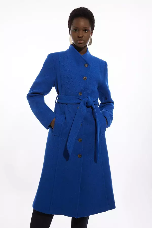 Italian Manteco Wool Blend Asymmetric Button Belted Tailored Midi Coat