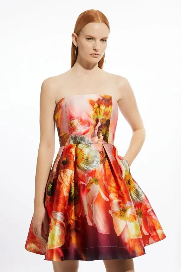 Placed Floral Print Woven Prom Mini Dress