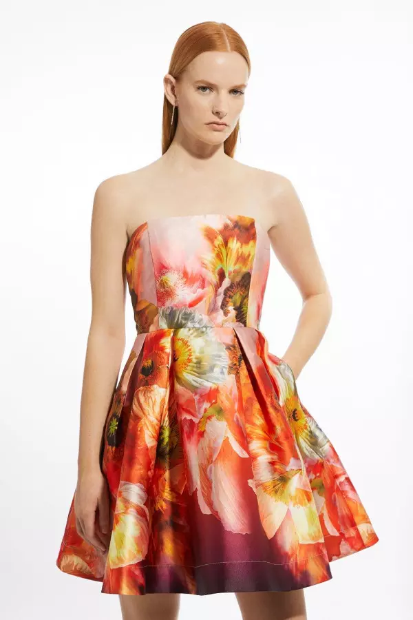 Placed Floral Print Woven Prom Mini Dress