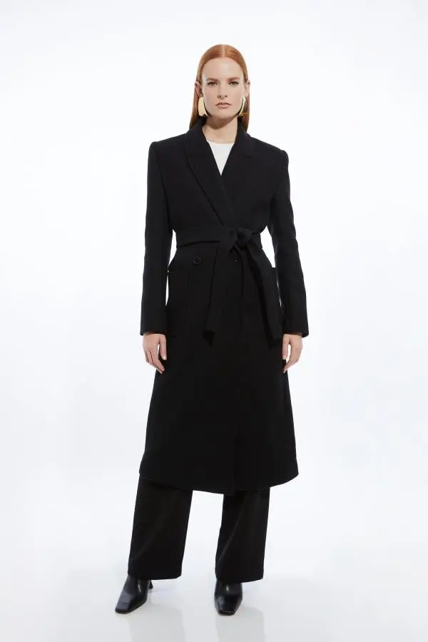 Petite Italian Manteco Wool Blend Wrap Belted Tailored Midi Coat