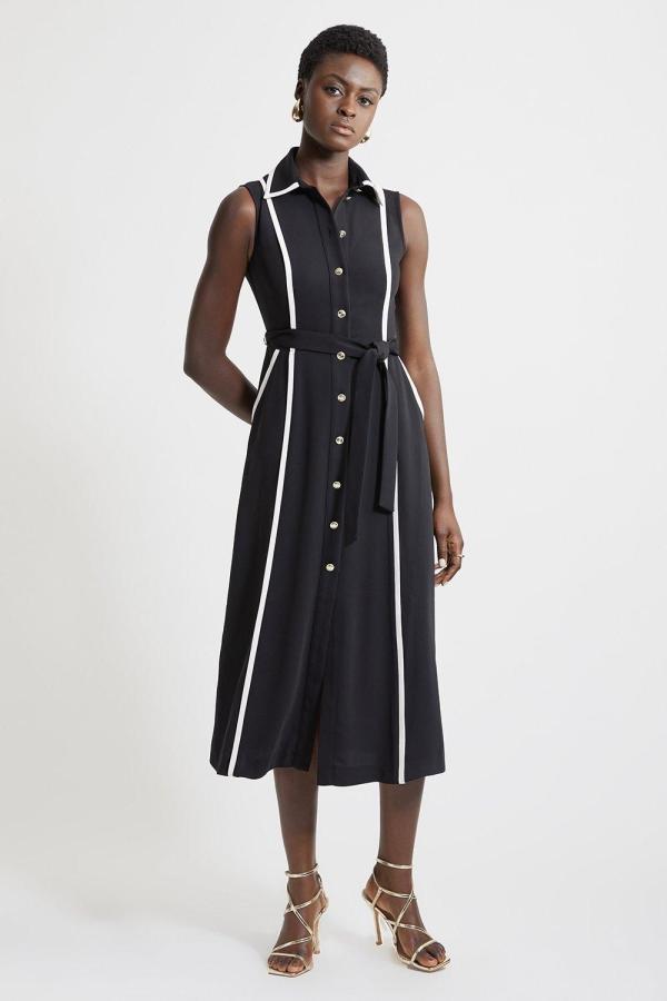 Soft Tailored Pipe Detail Sleeveless Shirt Dress