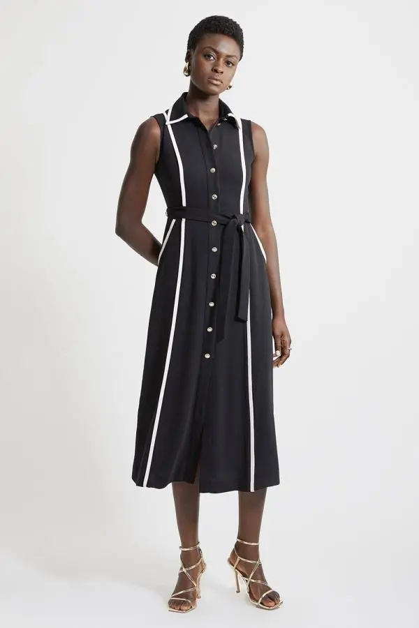 Soft Tailored Pipe Detail Sleeveless Shirt Dress