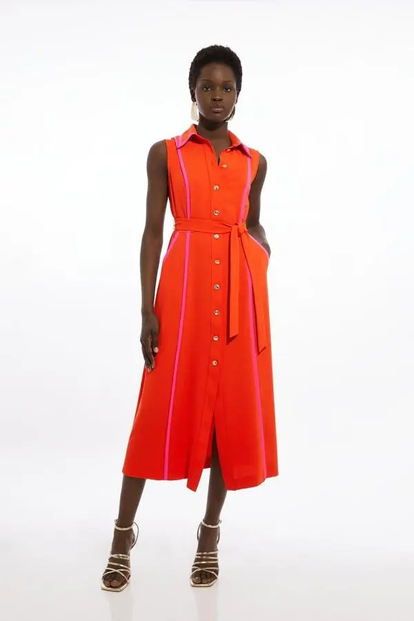 Soft Tailored Pipe Detail Sleeveless Shirt Dress