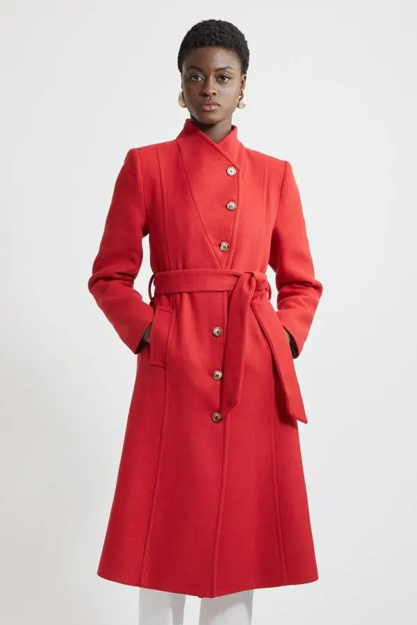 Italian Manteco Wool Blend Asymmetric Button Belted Tailored Midi Coat