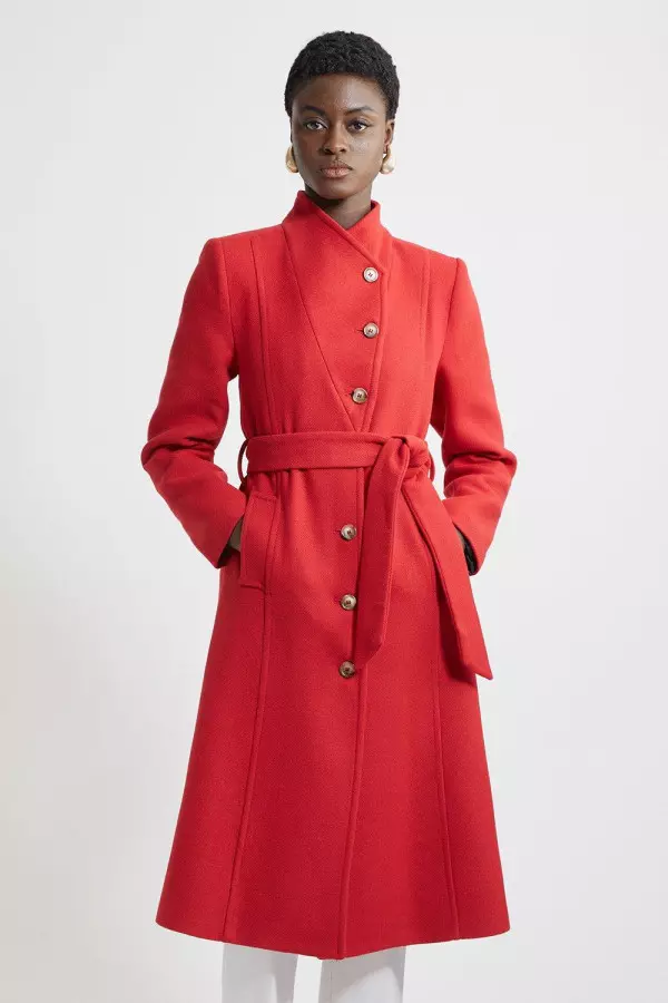 Italian Manteco Wool Blend Asymmetric Button Belted Tailored Midi Coat