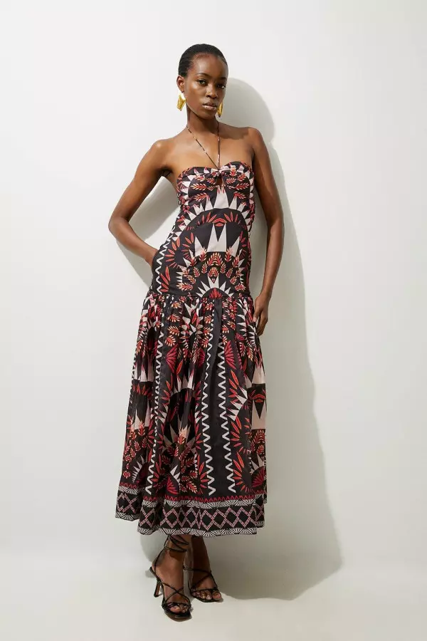 Voile Mirrored Batik Woven Strappy Maxi Dress