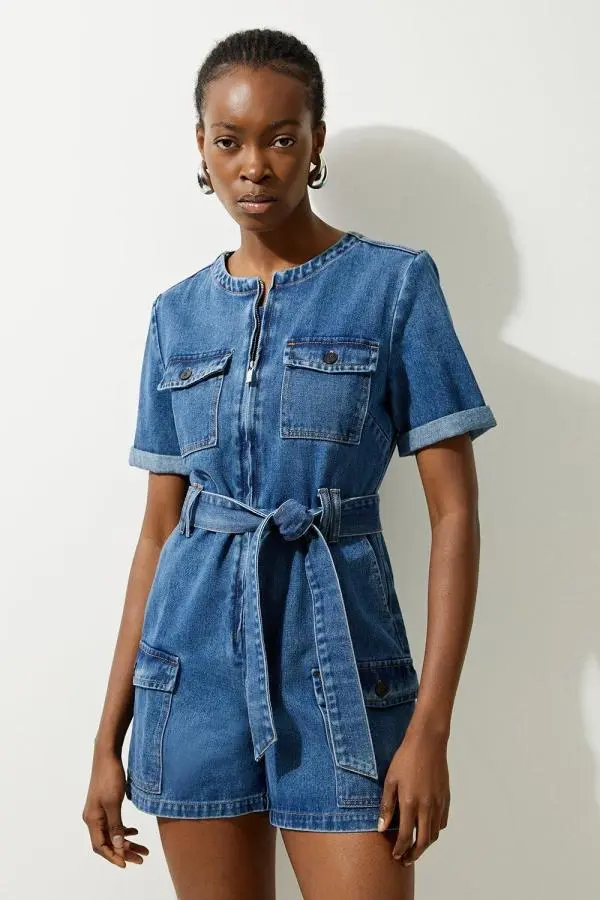 Denim Cargo Pocket Belted Playsuit