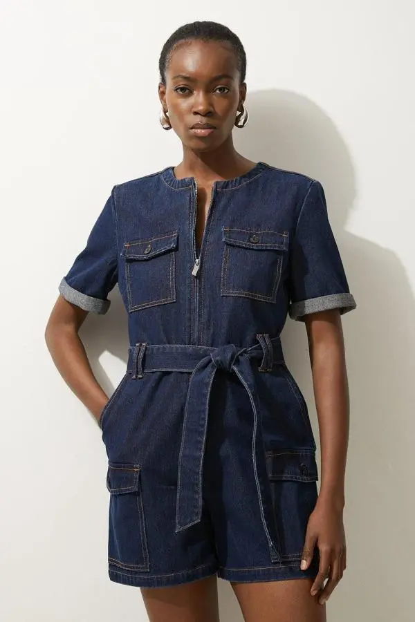 Denim Cargo Pocket Belted Playsuit