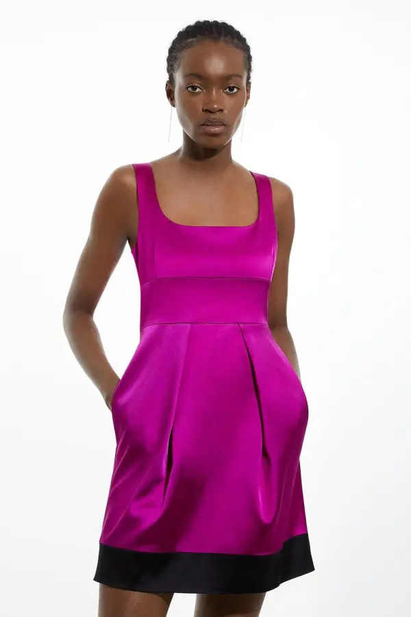 Italian Structured Satin Colourblock Tailored Lantern Mini Dress